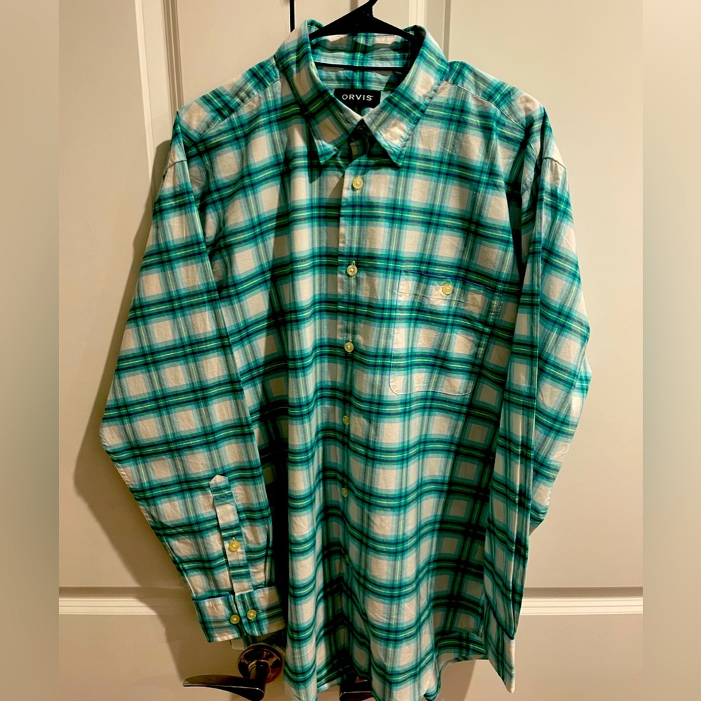 Mens Orvis long sleeve green button down shirt